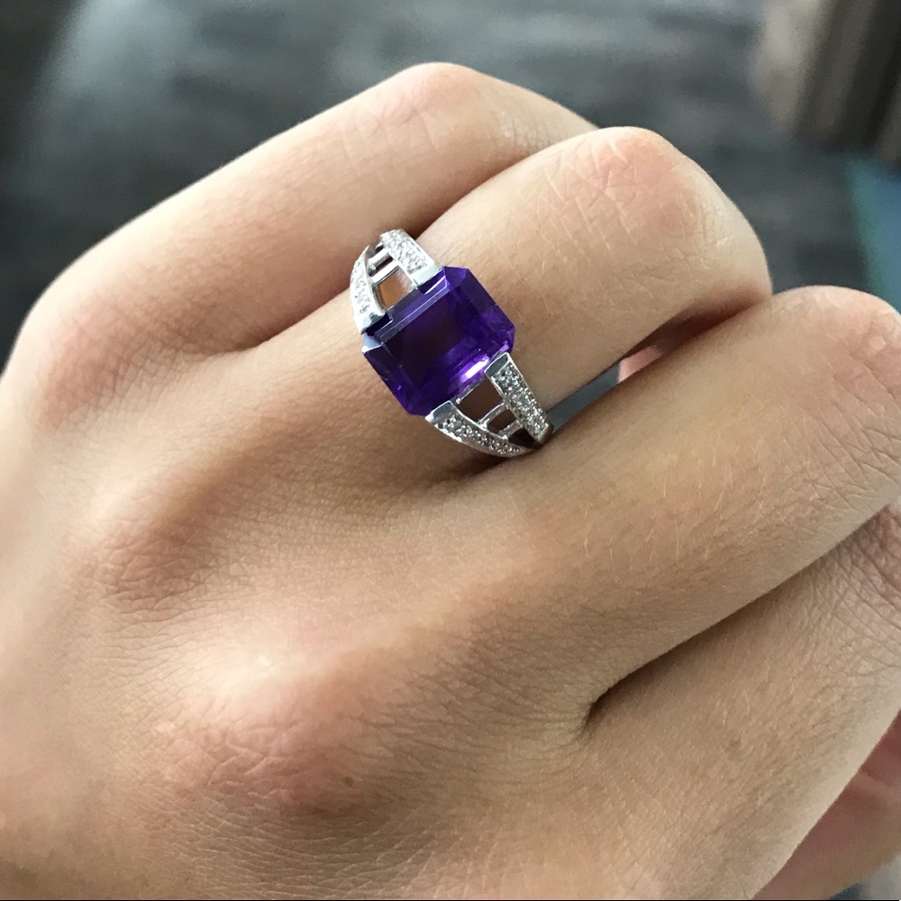 14kt white gold, diamond, and amethyst ring.